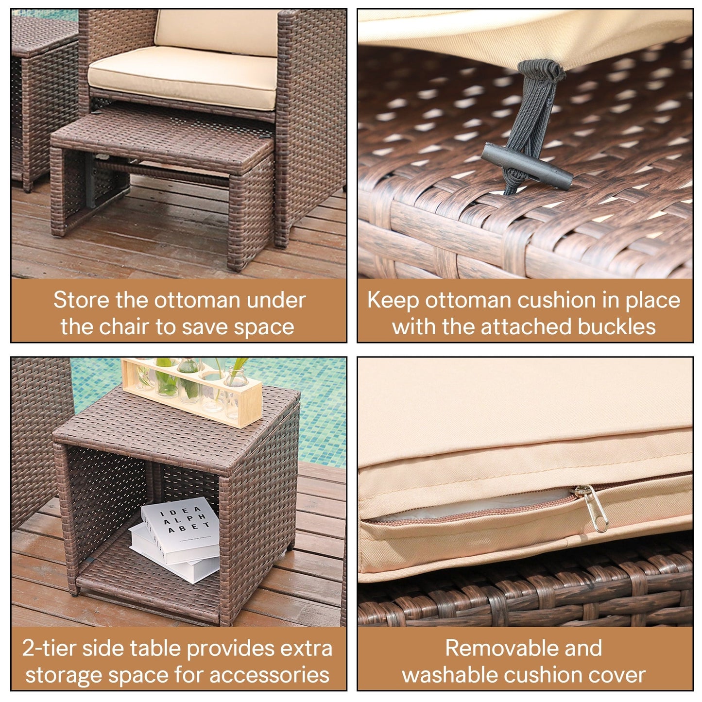 Outdoor 5-piece Brown Rattan Wicker Conversation Set