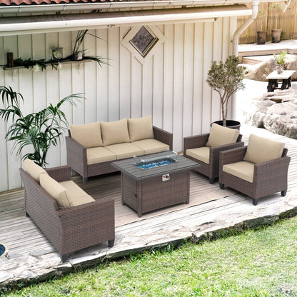 Outdoor 5 Pieces Wicker Sofa Set with Fire Pit