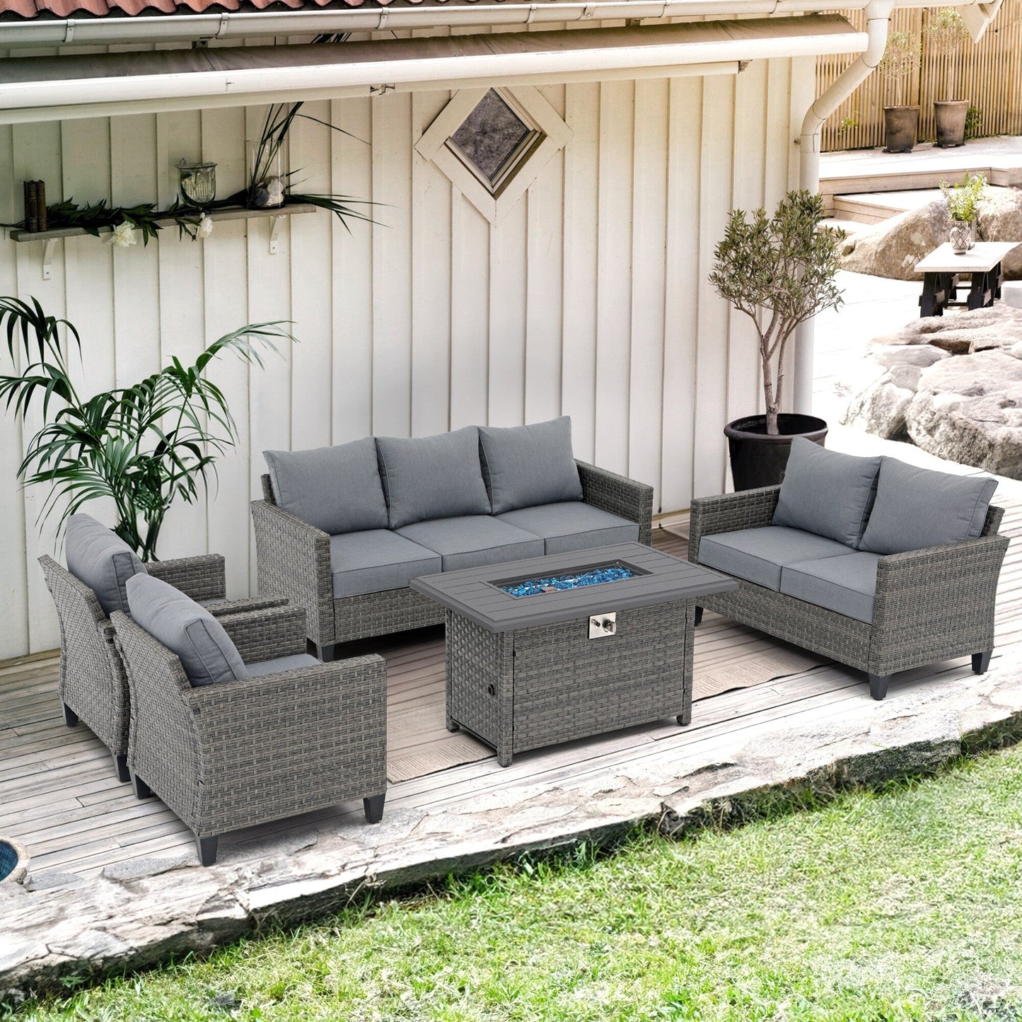 Outdoor 5 Pieces Wicker Sofa Set with Fire Pit