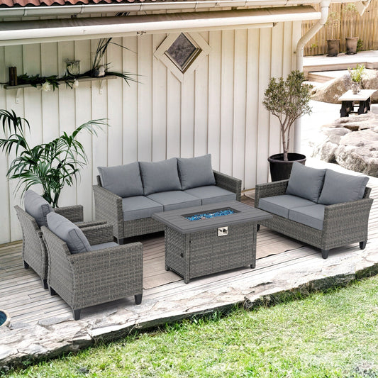 Outdoor 5 Pieces Wicker Sofa Set with Fire Pit