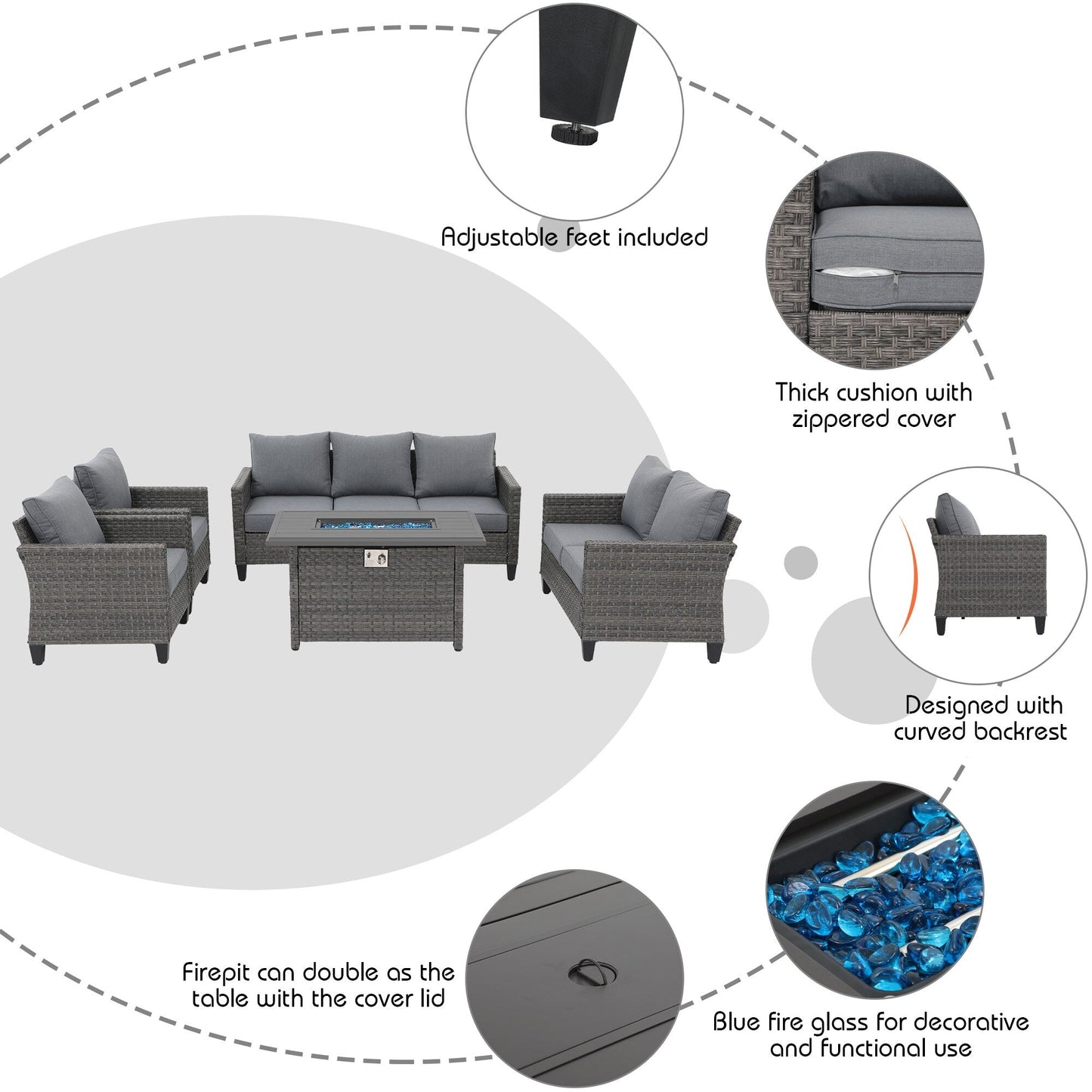 Outdoor 5 Pieces Wicker Sofa Set with Fire Pit