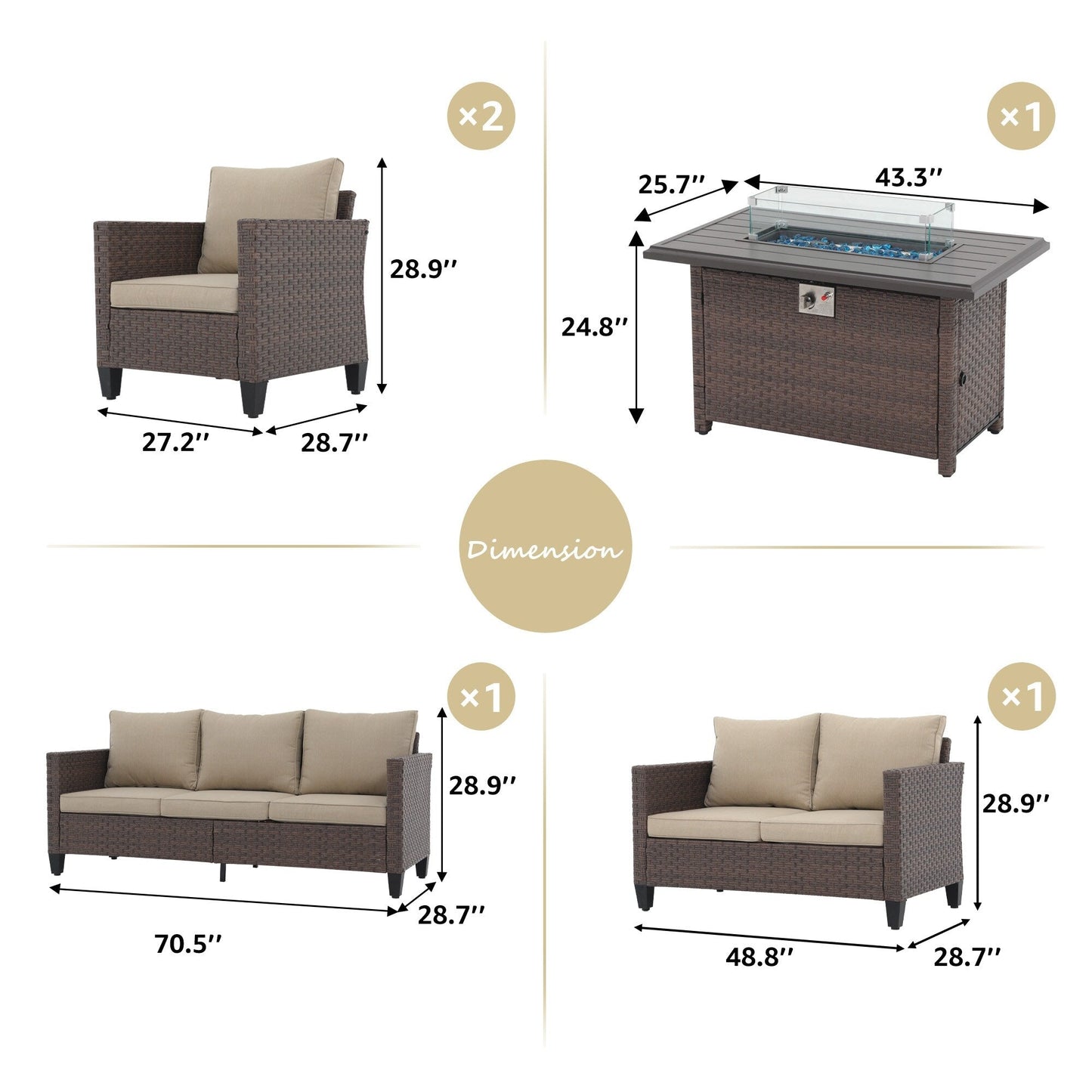 Outdoor 5 Pieces Wicker Sofa Set with Fire Pit