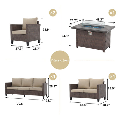 Outdoor 5 Pieces Wicker Sofa Set with Fire Pit