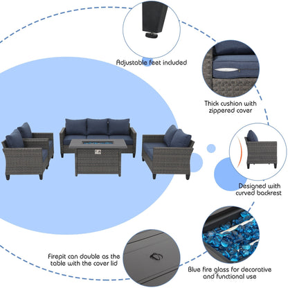 Outdoor 5 Pieces Wicker Sofa Set with Fire Pit