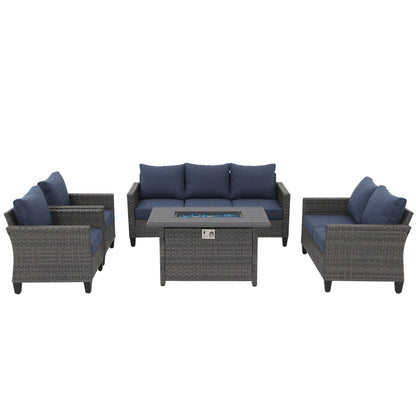 Outdoor 5 Pieces Wicker Sofa Set with Fire Pit