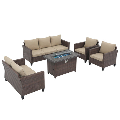 Outdoor 5 Pieces Wicker Sofa Set with Fire Pit