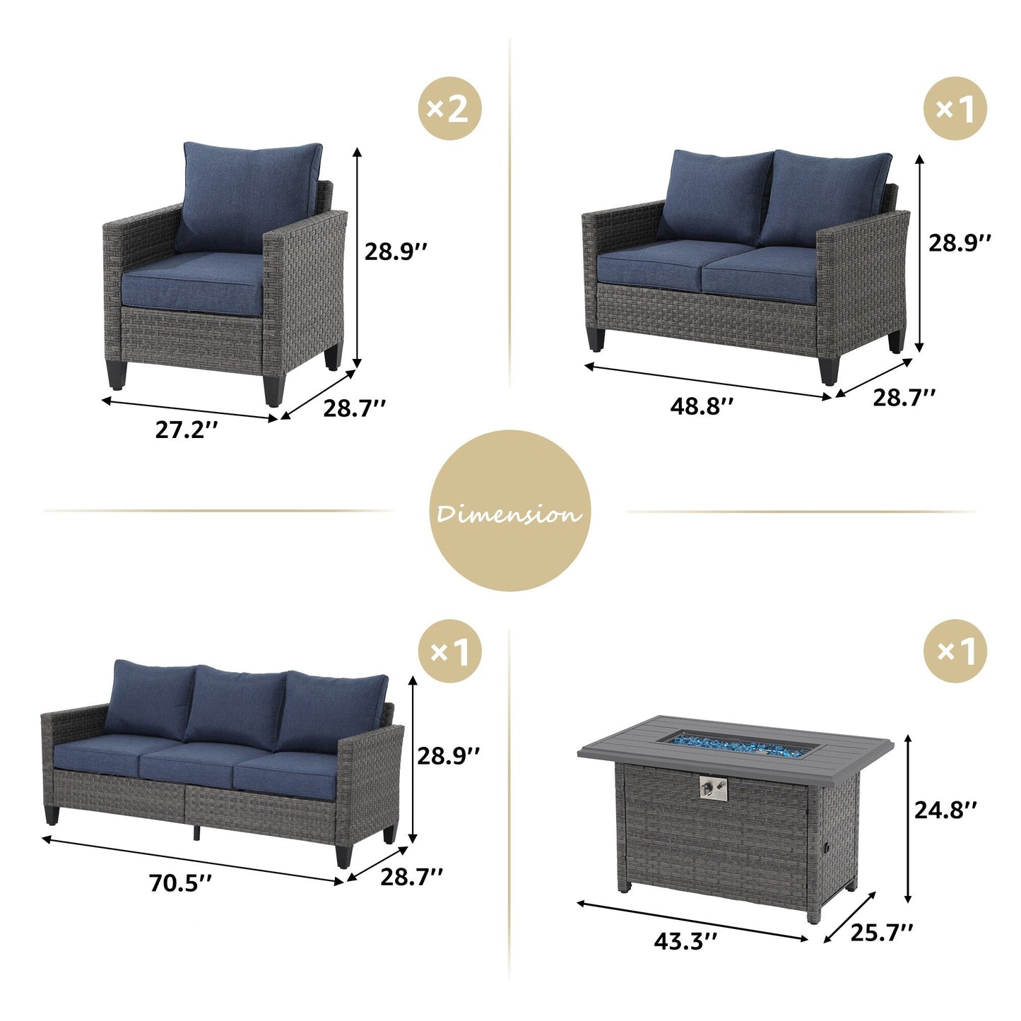 Outdoor 5 Pieces Wicker Sofa Set with Fire Pit