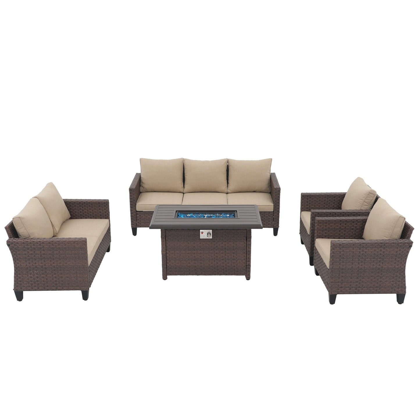 Outdoor 5 Pieces Wicker Sofa Set with Fire Pit