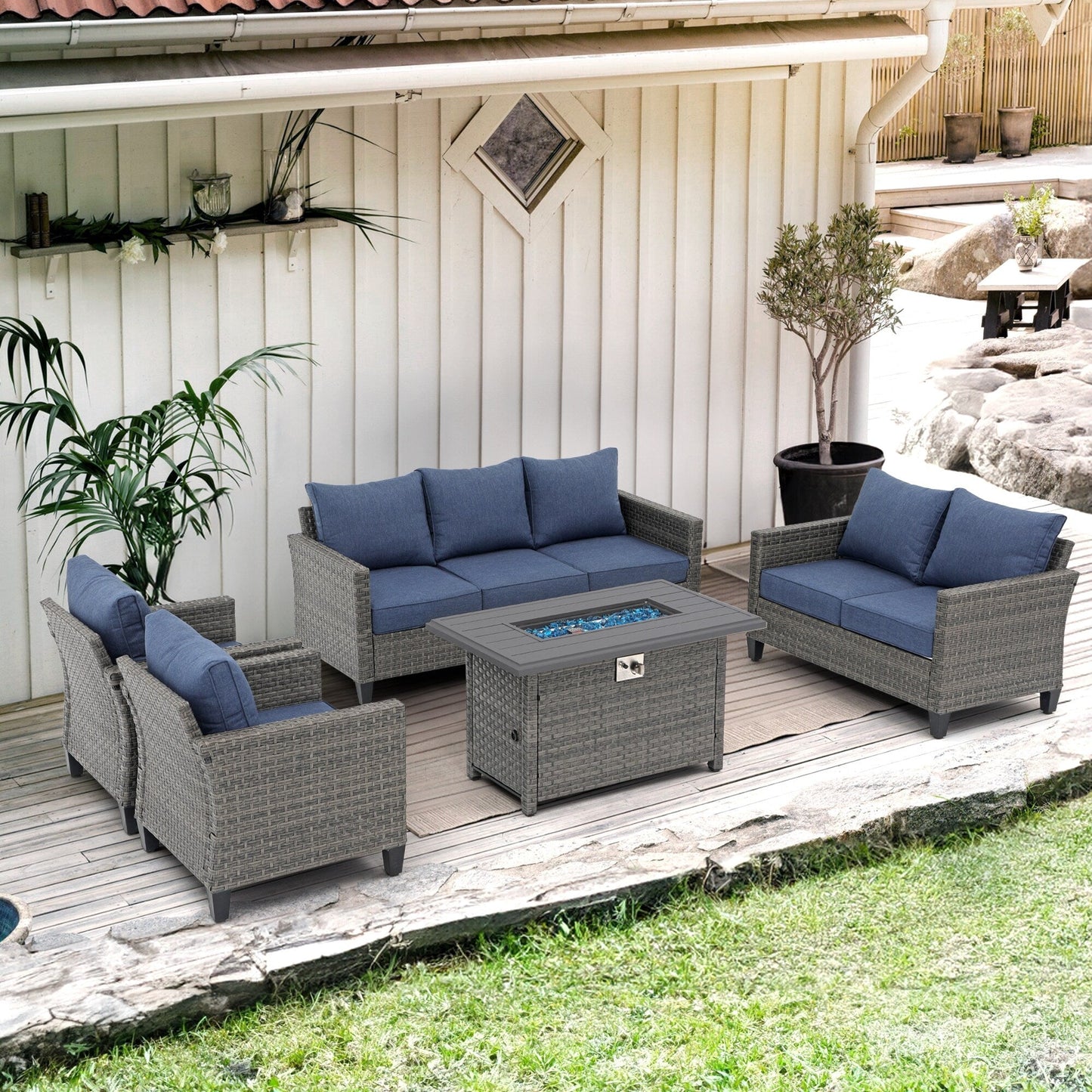 Outdoor 5 Pieces Wicker Sofa Set with Fire Pit