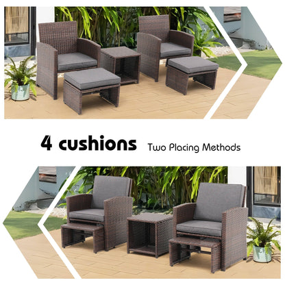 Outdoor 5-piece Brown Rattan Wicker Conversation Set