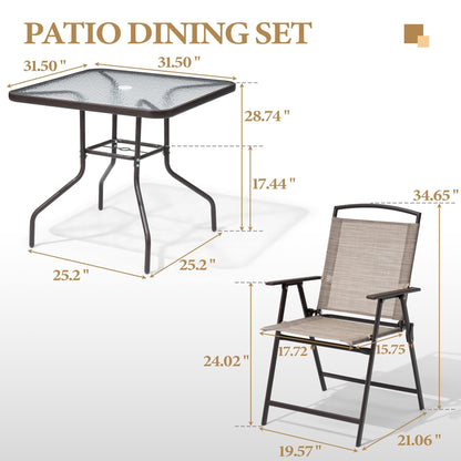 Outdoor 5-piece Patio Dining Set Folding Chairs and Glass Table with Umbrella Hole - See the specifications