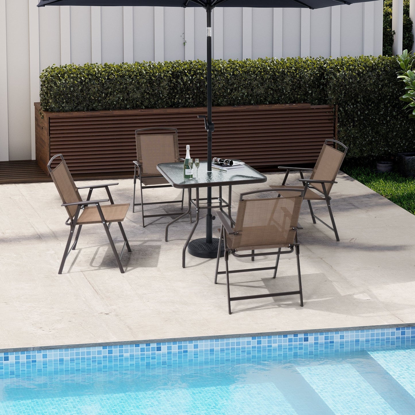 Outdoor 5-piece Patio Dining Set Folding Chairs and Glass Table with Umbrella Hole - See the specifications