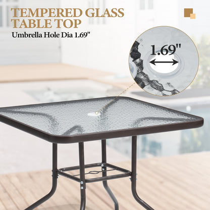 Outdoor 5-piece Patio Dining Set Folding Chairs and Glass Table with Umbrella Hole - See the specifications