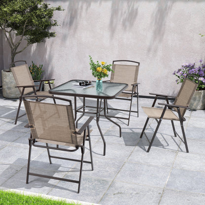 Outdoor 5-piece Patio Dining Set Folding Chairs and Glass Table with Umbrella Hole - See the specifications
