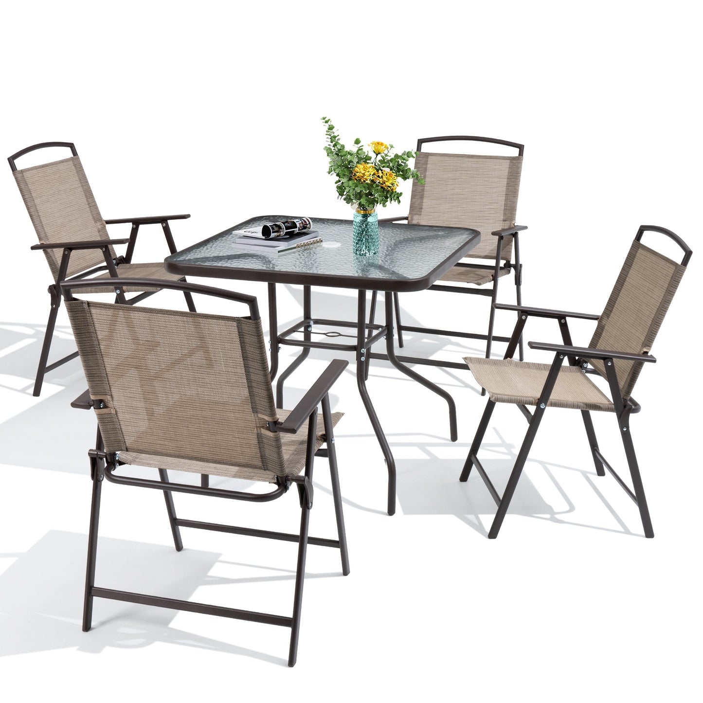 Outdoor 5-piece Patio Dining Set Folding Chairs and Glass Table with Umbrella Hole - See the specifications