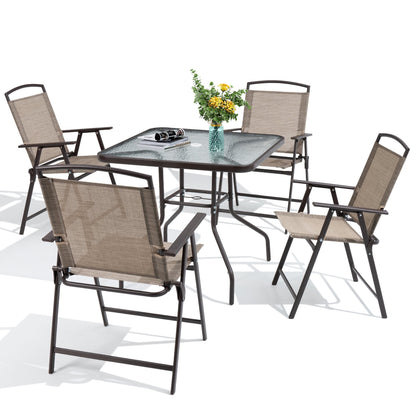 Outdoor 5-piece Patio Dining Set Folding Chairs and Glass Table with Umbrella Hole - See the specifications