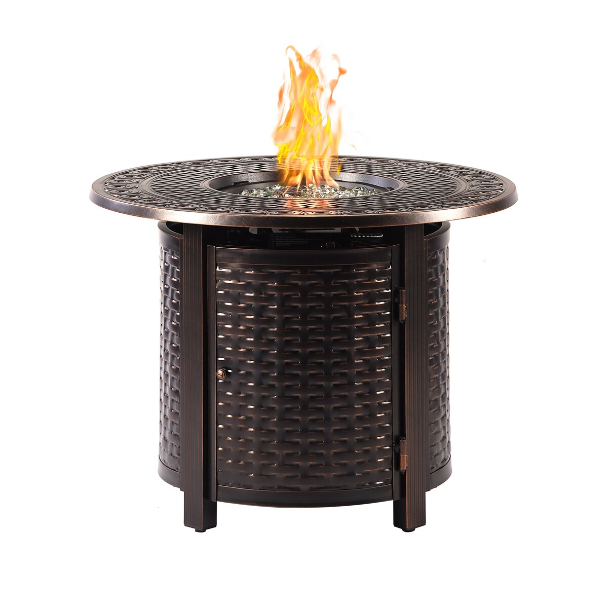 Outdoor Aluminum 34 in. Round Fire Table Set with Four Deep Seating Swivel Rocking Chairs & Accessories