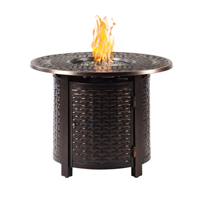 Outdoor Aluminum 34 in. Round Fire Table Set with Four Deep Seating Swivel Rocking Chairs & Accessories