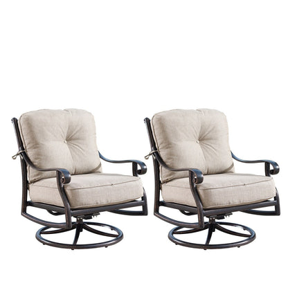 Outdoor Aluminum 34 in. Round Fire Table Set with Four Deep Seating Swivel Rocking Chairs & Accessories