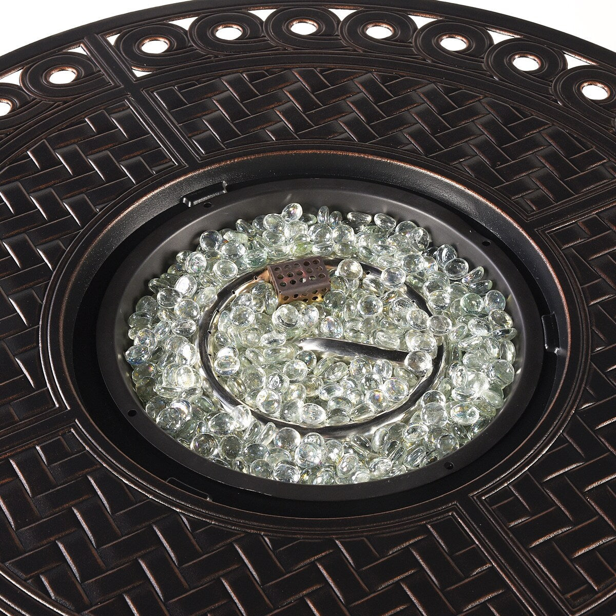 Outdoor Aluminum 34 in. Round Fire Table Set with Four Deep Seating Swivel Rocking Chairs & Accessories