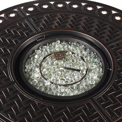 Outdoor Aluminum 34 in. Round Fire Table Set with Four Deep Seating Swivel Rocking Chairs & Accessories