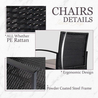 3 Piece Patio Bistro Set Outdoor Furniture Set with Glass Table, Rattan Conversation Sets for Porch Garden Balcony