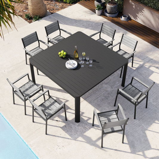 Outdoor Dining Furniture Extending Table with Extension Leaf, Stackable Chairs, Aluminum - See Picture