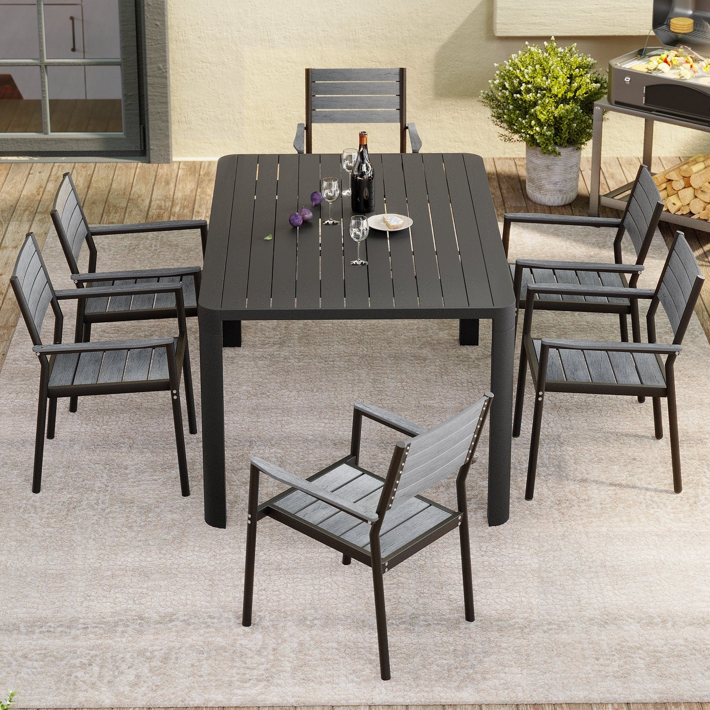 Outdoor Dining Furniture Extending Table with Extension Leaf, Stackable Chairs, Aluminum - See Picture