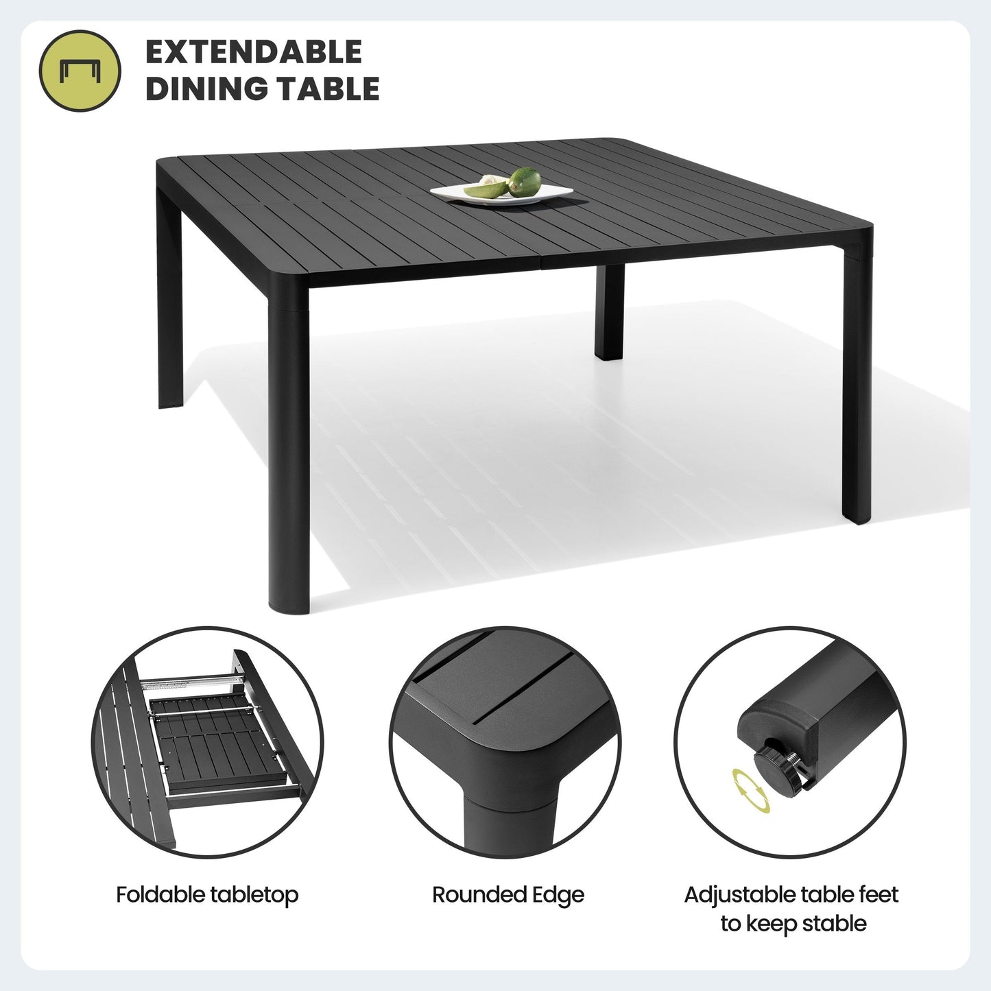 Outdoor Dining Furniture Extending Table with Extension Leaf, Stackable Chairs, Aluminum - See Picture