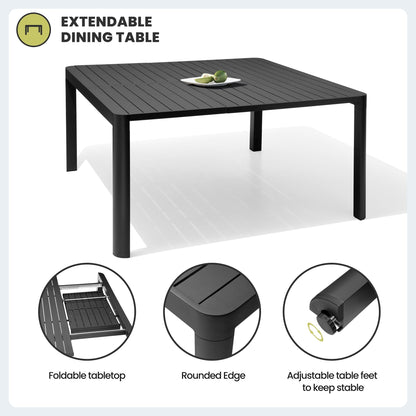 Outdoor Dining Furniture Extending Table with Extension Leaf, Stackable Chairs, Aluminum - See Picture