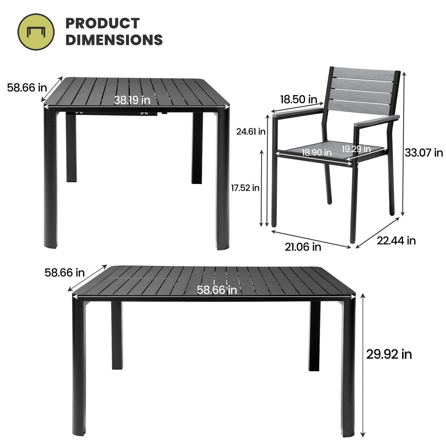 Outdoor Dining Furniture Extending Table with Extension Leaf, Stackable Chairs, Aluminum - See Picture