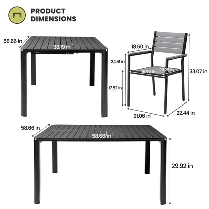 Outdoor Dining Furniture Extending Table with Extension Leaf, Stackable Chairs, Aluminum - See Picture