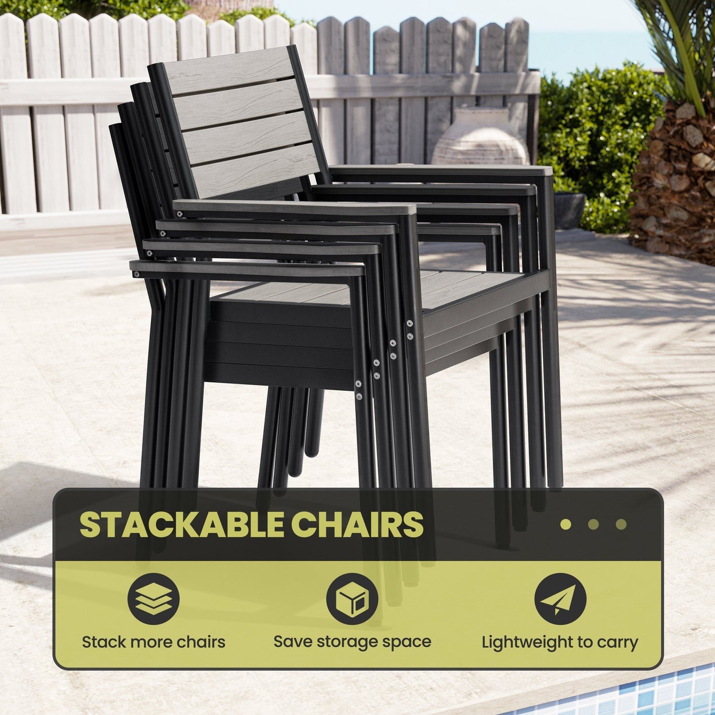 Outdoor Dining Furniture Extending Table with Extension Leaf, Stackable Chairs, Aluminum - See Picture