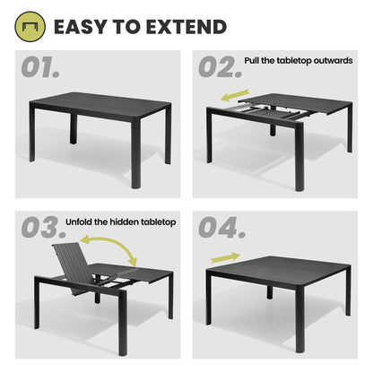 Outdoor Dining Furniture Extending Table with Extension Leaf, Stackable Chairs, Aluminum - See Picture
