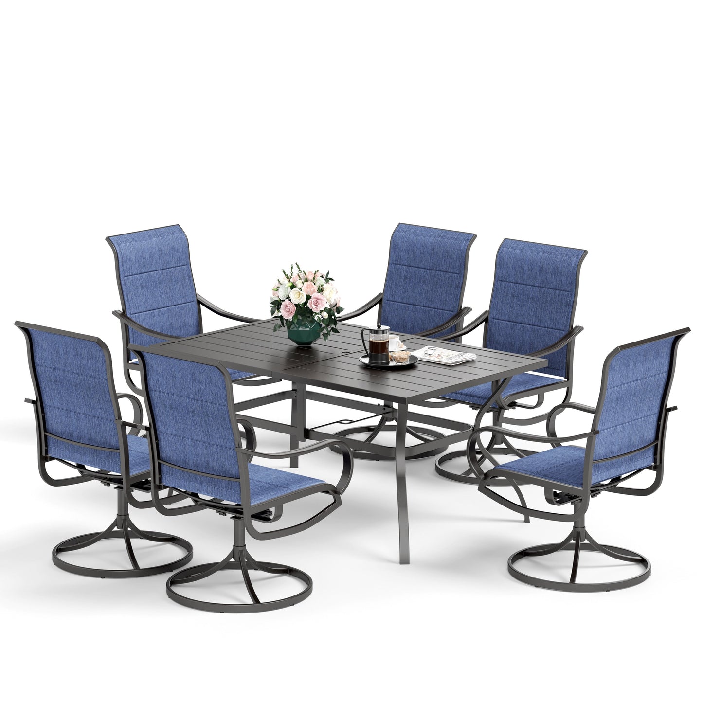 MAISON ARTS Outdoor Dining Set, 6 Patio Swivel Chairs and 60x 38 Rectangule Dining Table with Umbrella Hole