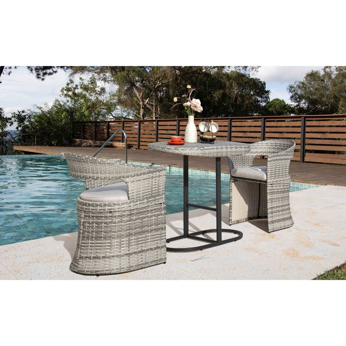 Outdoor Patio 3-Piece Bistro Set, Iron and Rattan Frame, Gray
