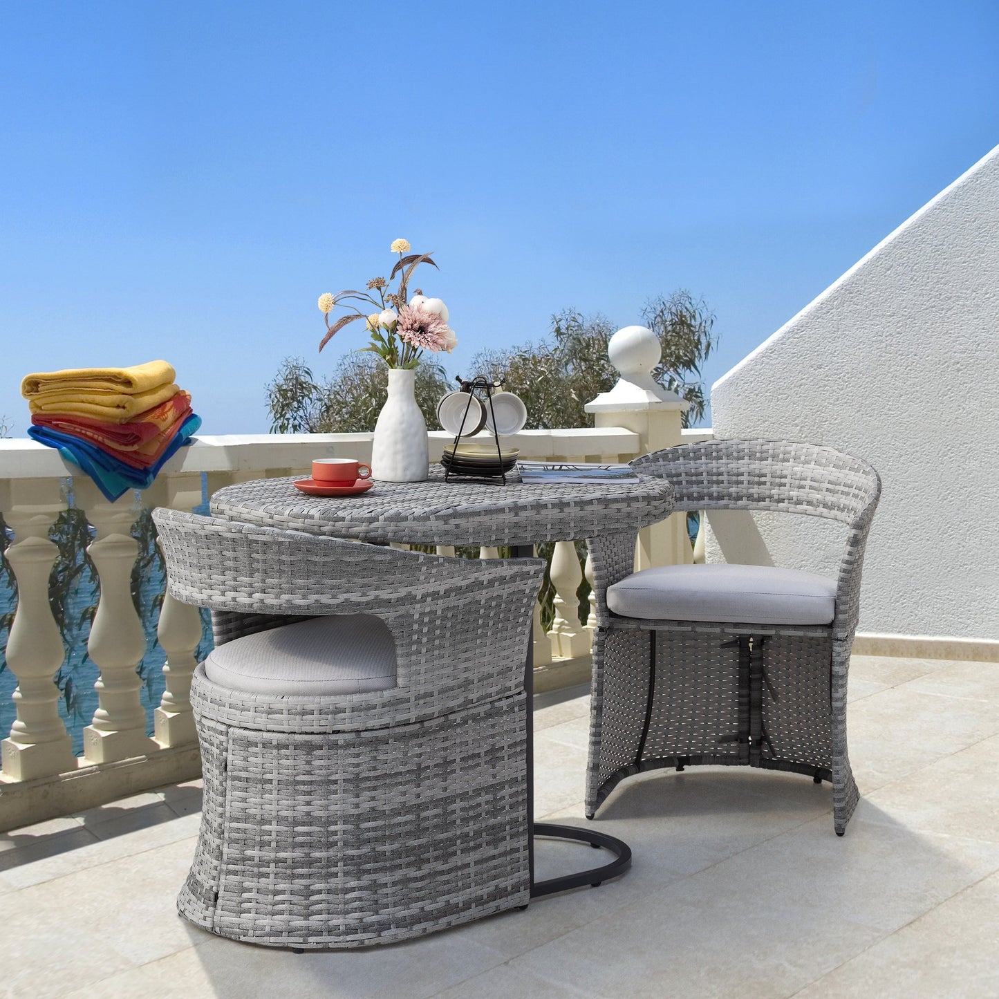 Outdoor Patio 3-Piece Bistro Set, Iron and Rattan Frame, Gray