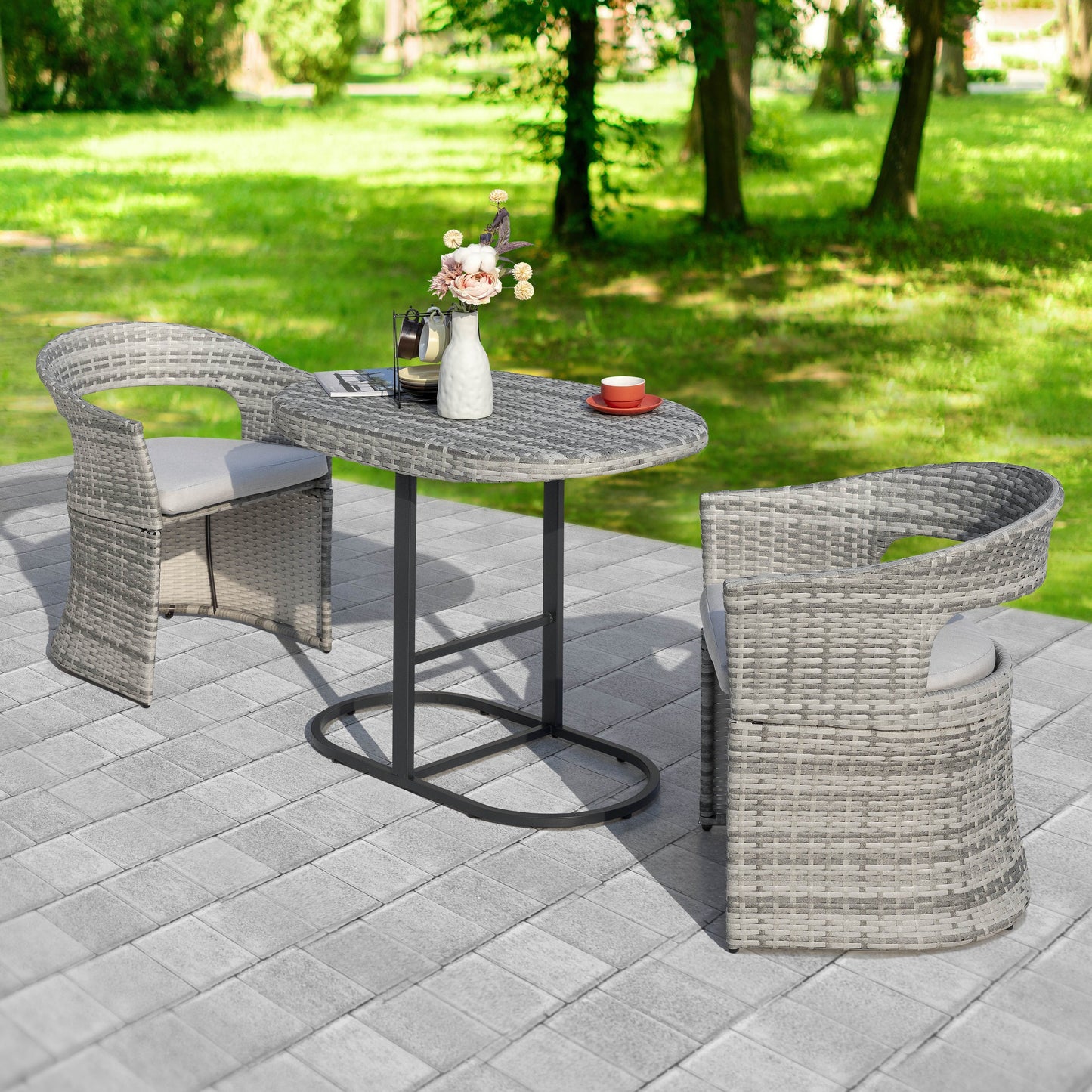Outdoor Patio 3-Piece Bistro Set, Iron and Rattan Frame, Gray