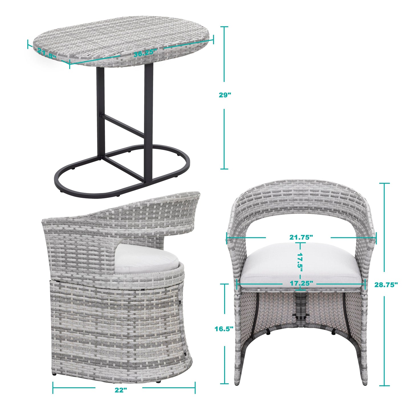 Outdoor Patio 3-Piece Bistro Set, Iron and Rattan Frame, Gray