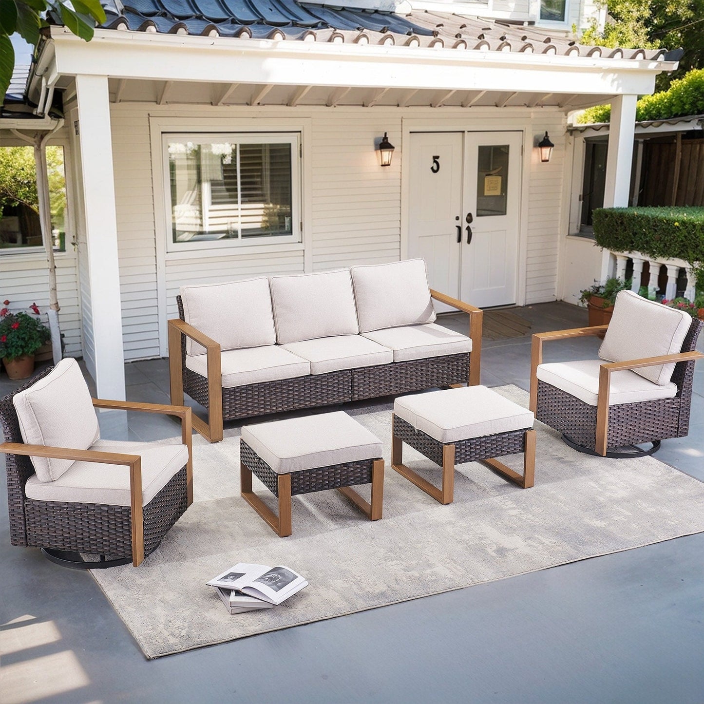 Outdoor Sectional Sofa with Swivel Rocking Chairs - Brown