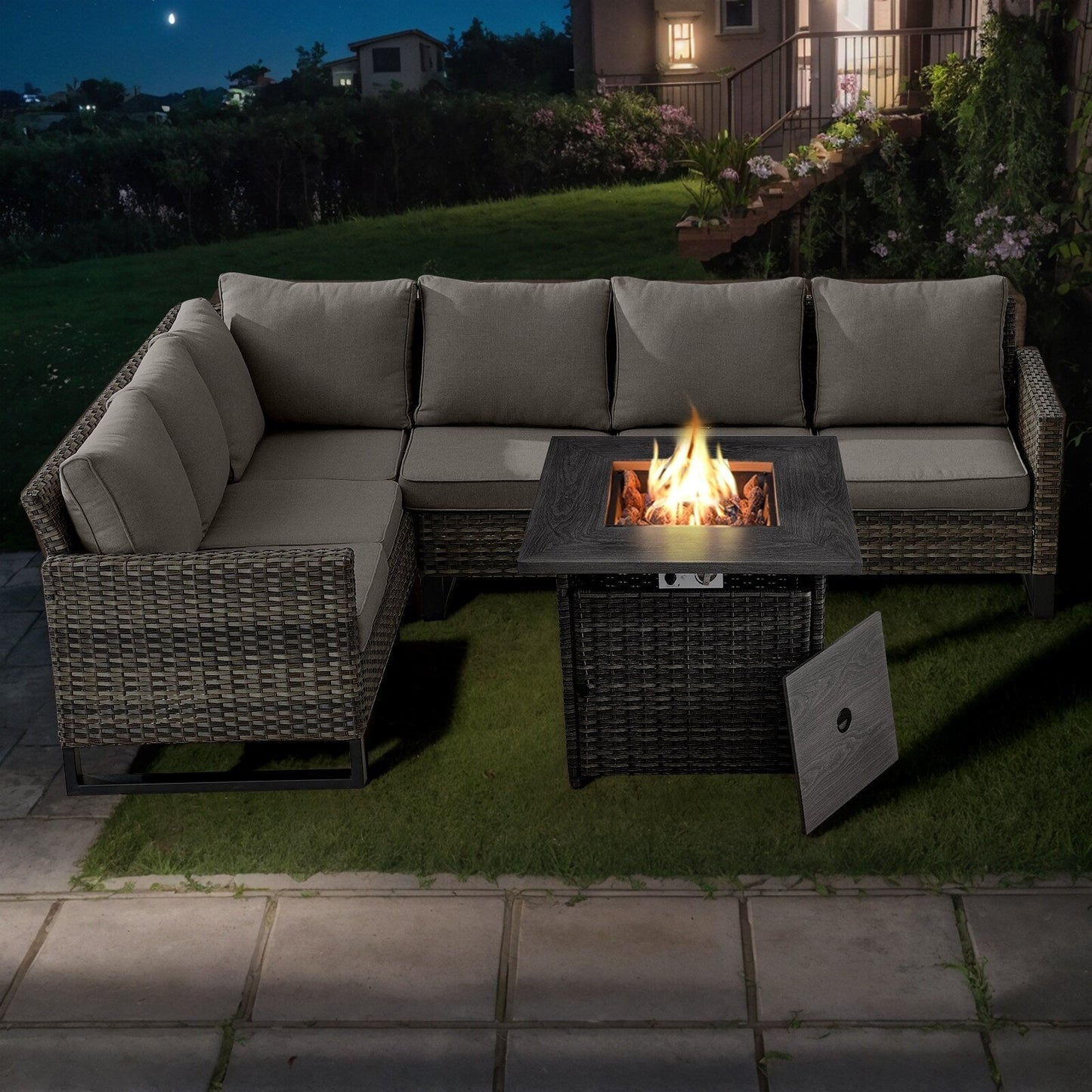 Outdoor Sectional Wicker Sofa with Fire Pit Table