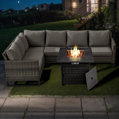 Outdoor Sectional Wicker Sofa with Fire Pit Table