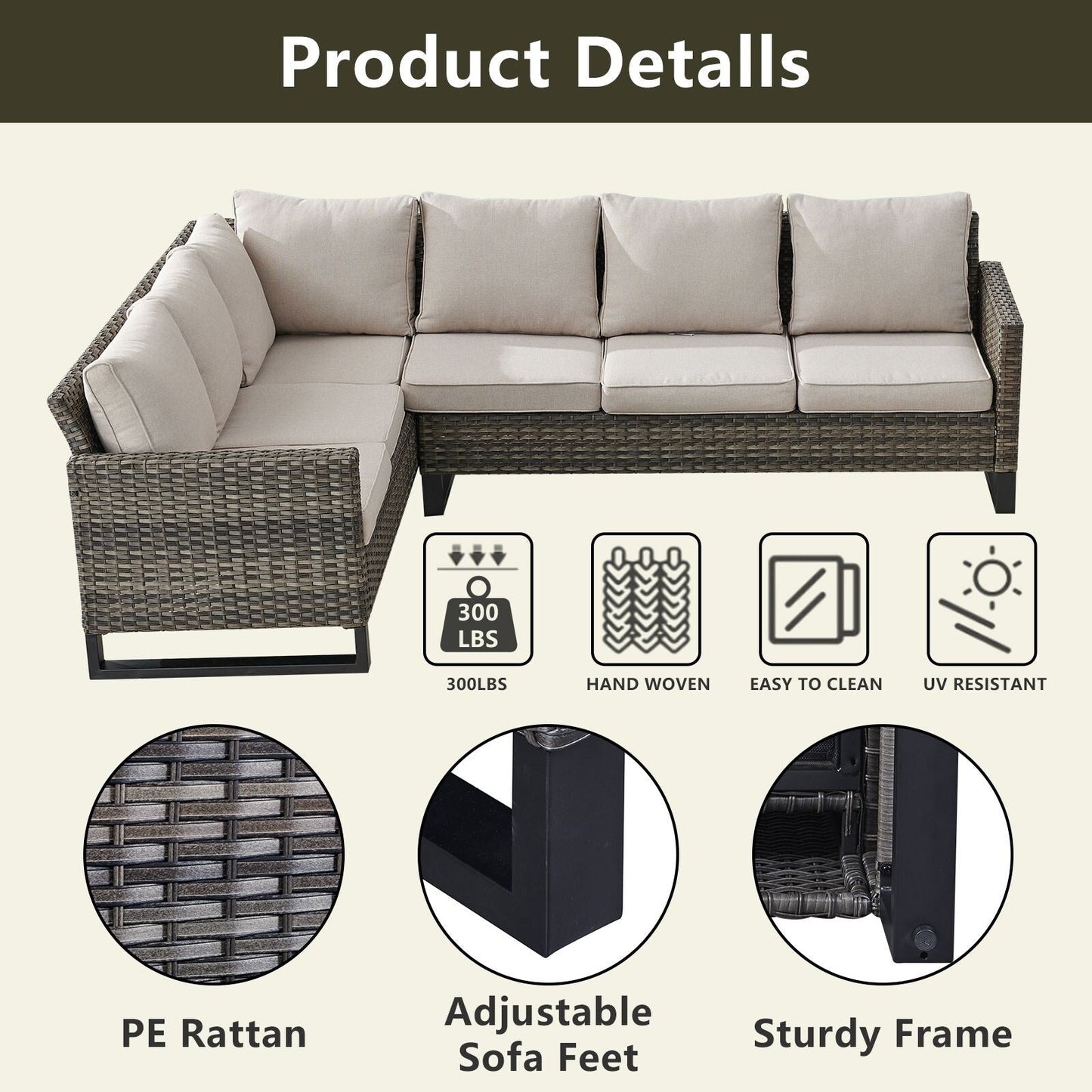 Outdoor Sectional Wicker Sofa with Fire Pit Table