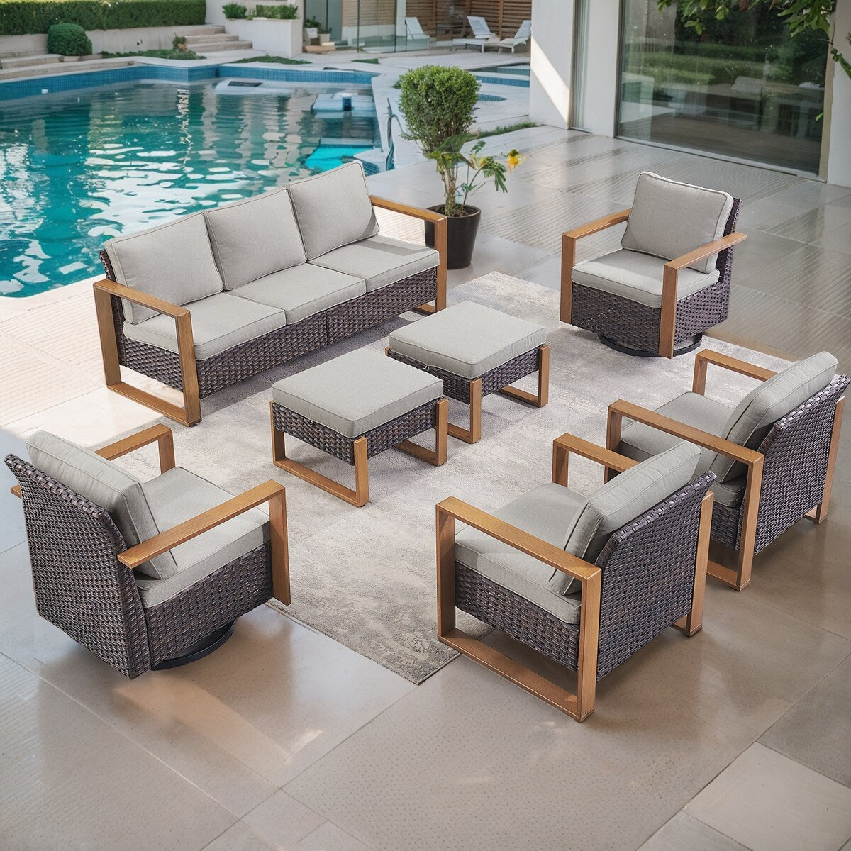 Gymojoy Outdoor Swivel Chair with Sofa, Club Chair and Ottomans - Brown
