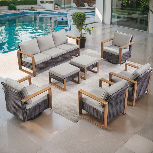 Gymojoy Outdoor Swivel Chair with Sofa, Club Chair and Ottomans - Brown