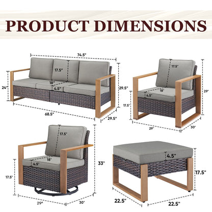 Gymojoy Outdoor Swivel Chair with Sofa, Club Chair and Ottomans - Brown