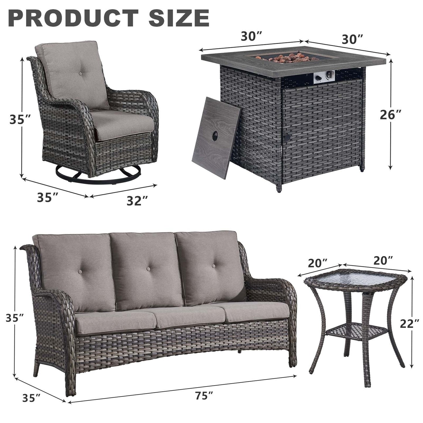Gymojoy Outdoor Wicker 3-Seat Sofa with Fire Pit Table Swivel Chiar Table