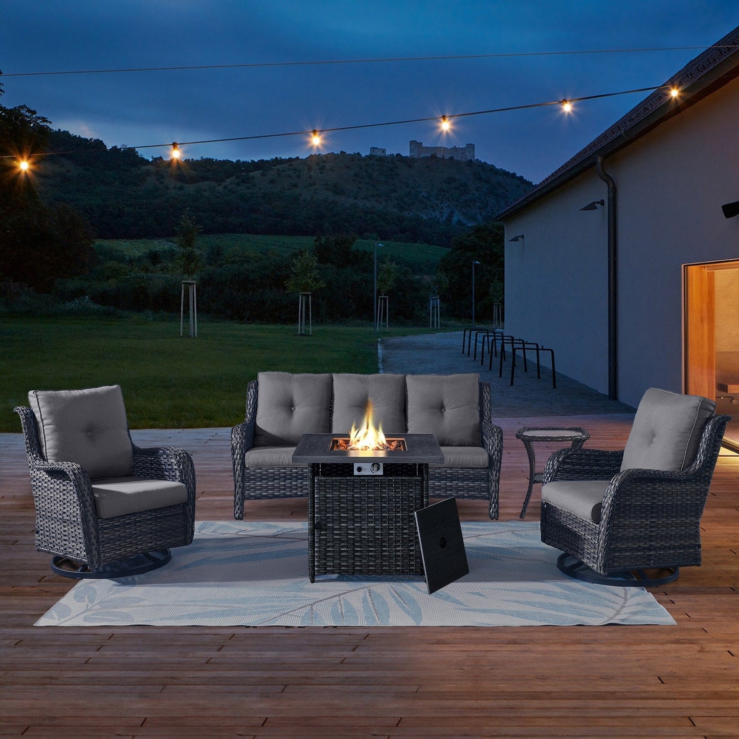 Gymojoy Outdoor Wicker 3-Seat Sofa with Fire Pit Table Swivel Chiar Table