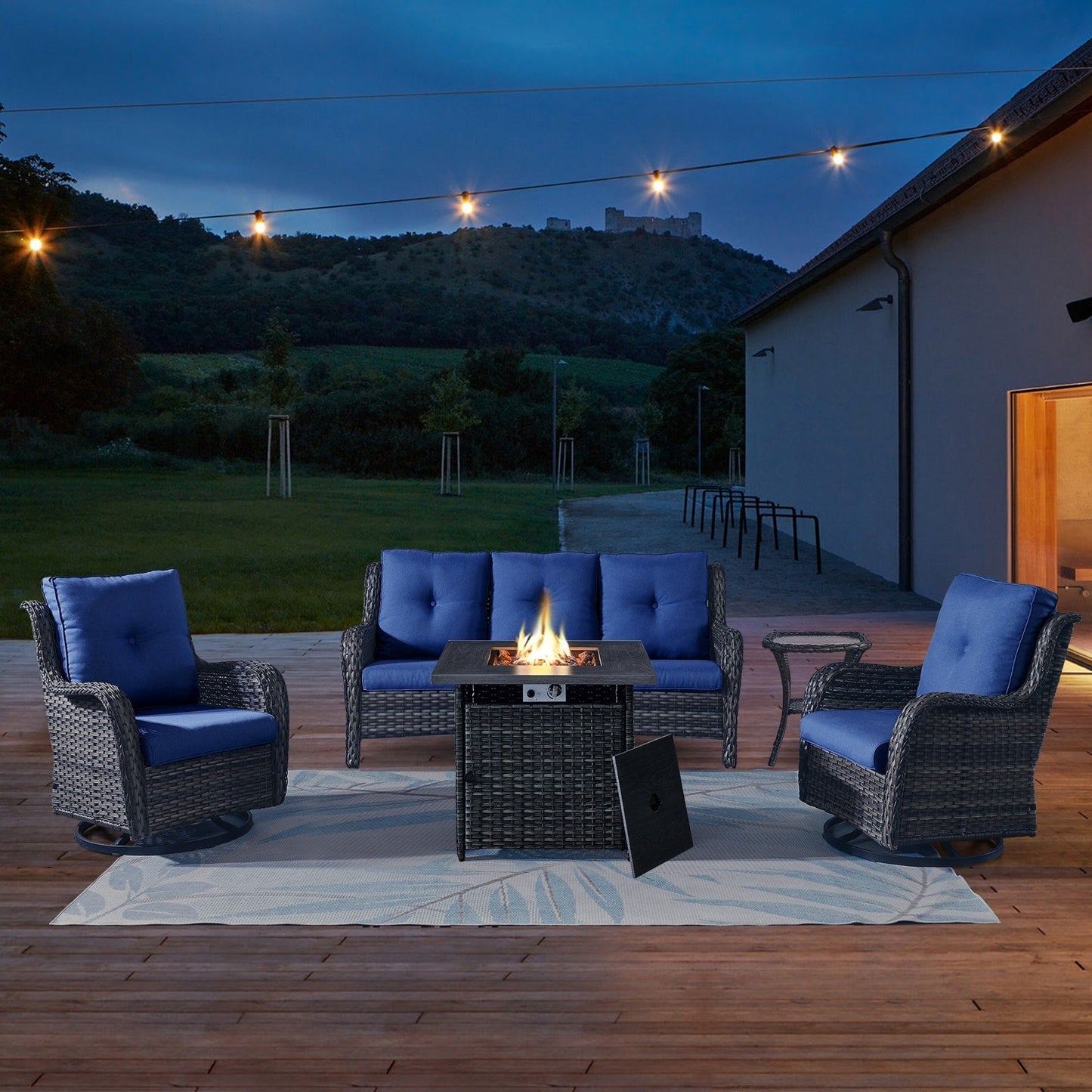 Gymojoy Outdoor Wicker 3-Seat Sofa with Fire Pit Table Swivel Chiar Table