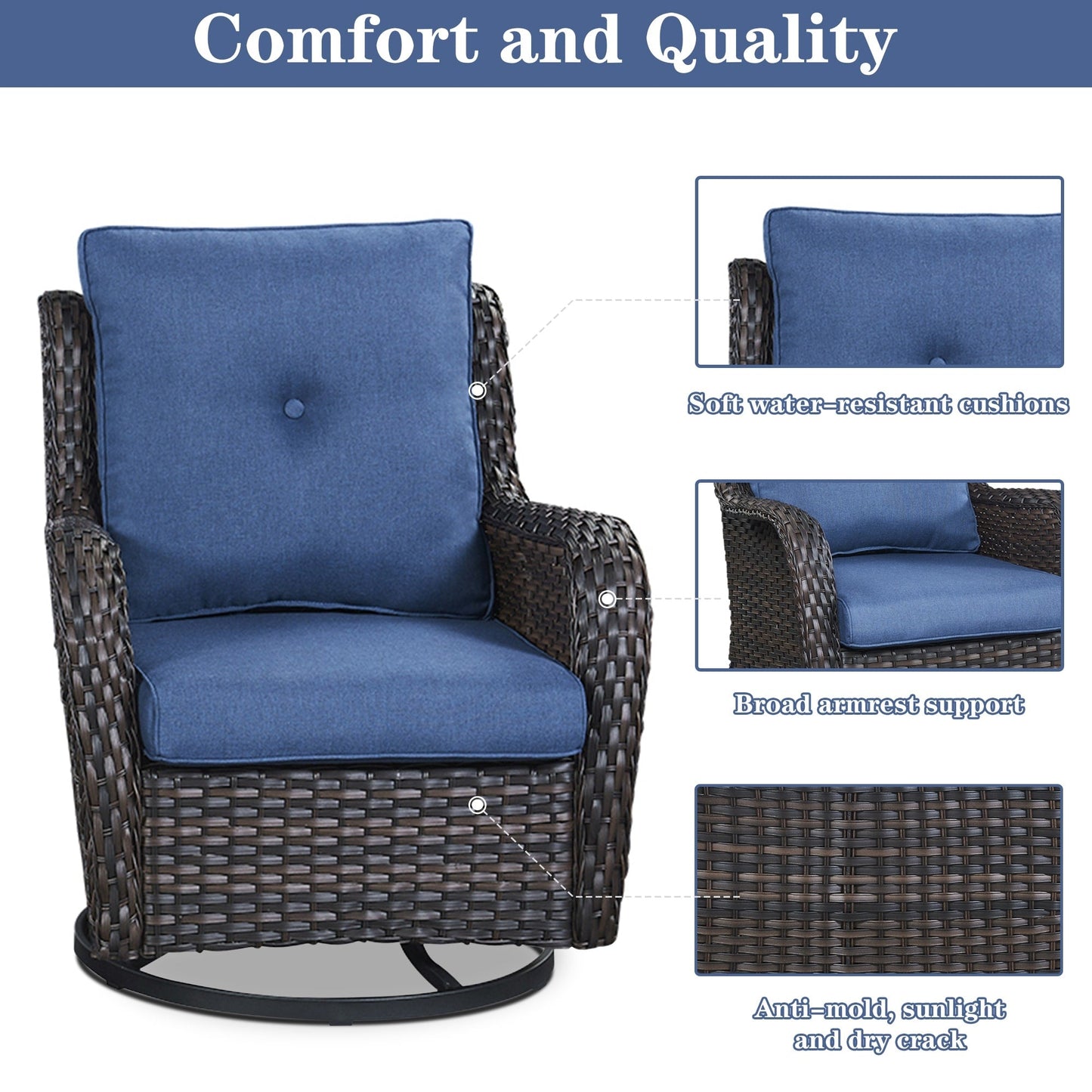 Gymojoy Outdoor Wicker 3-Seat Sofa with Fire Pit Table Swivel Chiar Table
